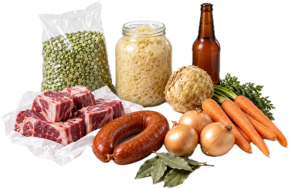 Spliterwten, rookworst, zuurkool, riblappen, uien en laurier