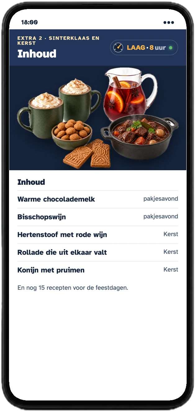 Inhoud: warme chocolademelk, bisschopswijn, hertenstoof, rollade, konijn met pruimen
