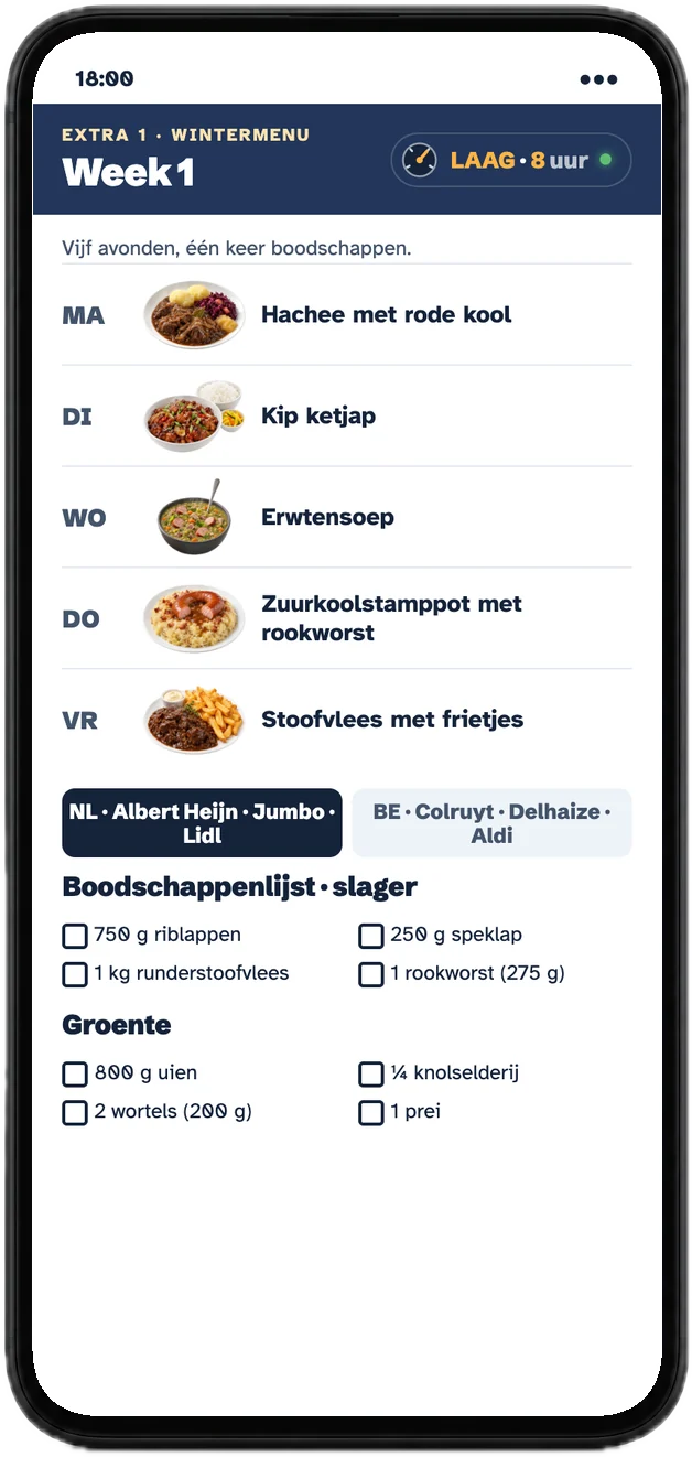 Week 1 van het wintermenu met boodschappenlijst NL en BE