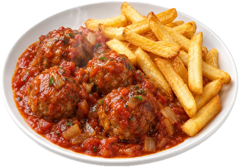 Balletjes in tomatensaus met frietjes