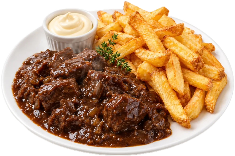 Stoofvlees in bruin bier met frietjes en mayonaise