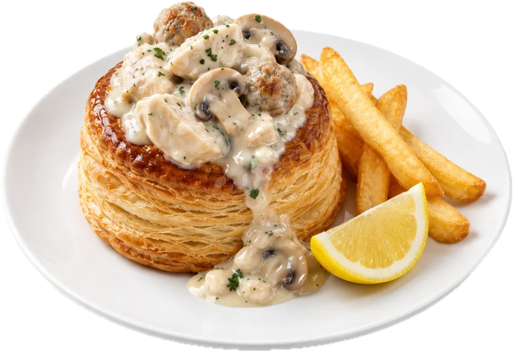 Vol-au-vent met kip, balletjes en champignons