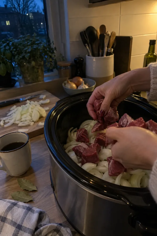 Vroeg in de ochtend: handen leggen vlees op een bed van uien in de slowcooker