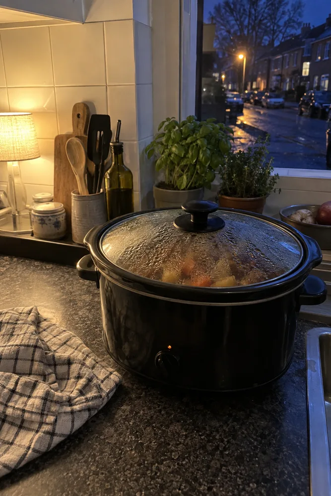 Keuken om vijf uur in de winter: buiten al donker, op het aanrecht een slowcooker met beslagen deksel